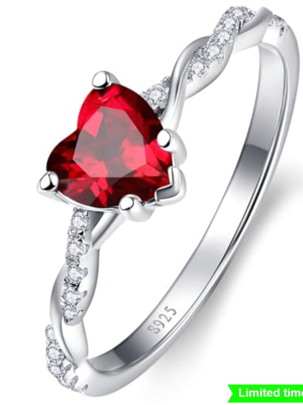925 Sterling Silver Heart Promise Ring with Simulated Ruby - Twisted Vine